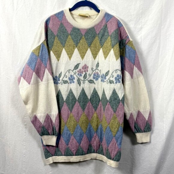 Vintage Concept Knitwear Sweater Womens Sz M Pastel Harlequin 80s 90s Grannycore - Picture 1 of 10